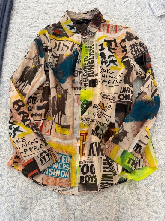 Desigual Tops - Desigual Multicolor Newspaper Print Ladies Button-Up Shirt Size L